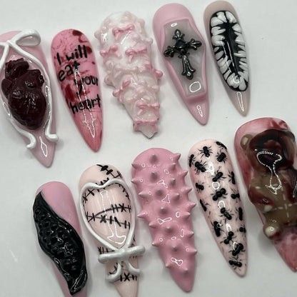 Pink and Black Handmade Press-On Nails with Gothic 3D Art