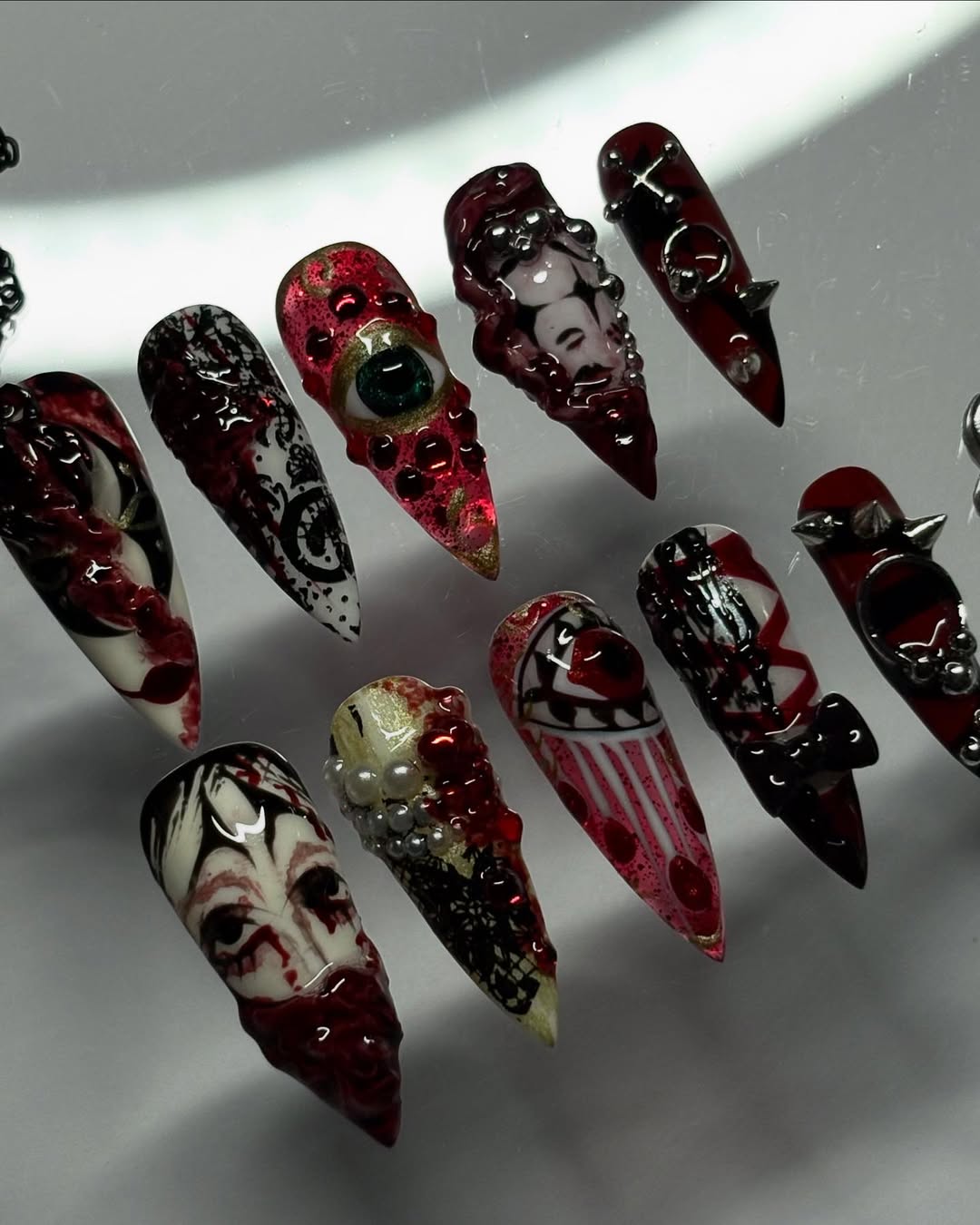 Gothic Horror Press-On Nails with Eyes and Spikes