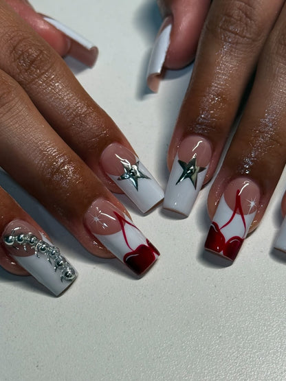 Luxury White and Red 3D Press-On Nails with Star and Heart Accents