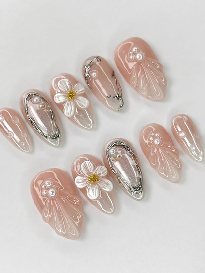 Blush Pearl Floral Almond Press On Nails Set