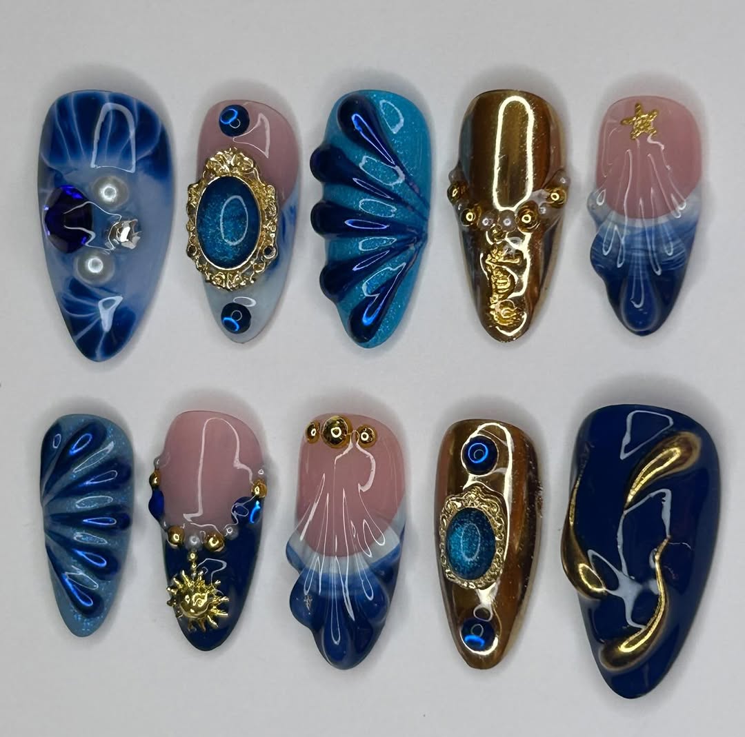 Blue Ocean Press On Nails with Gold Shell and Wave Art Accents