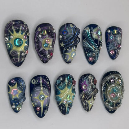 Galaxy Glow Press On Nails with Starburst and Cosmic Art Accents