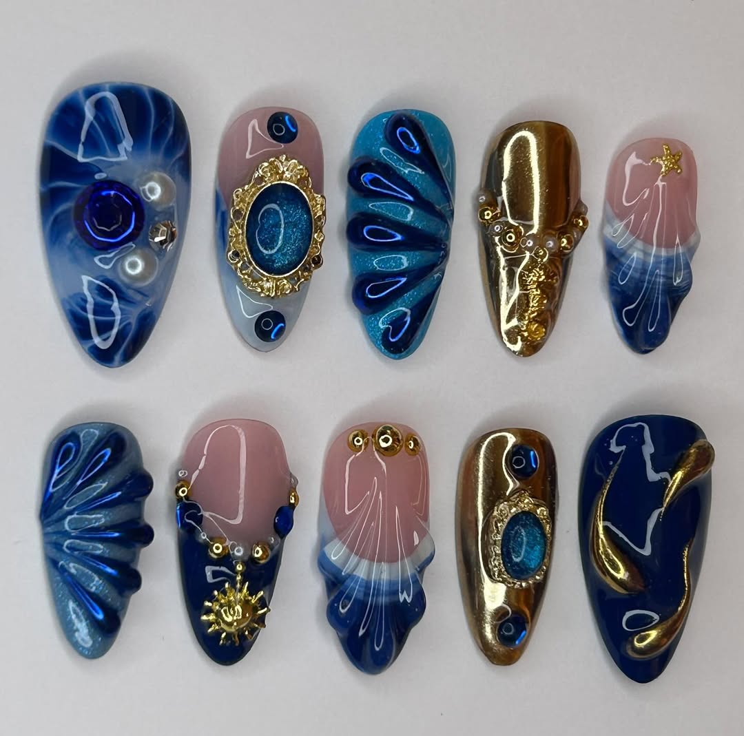 Blue Ocean Press On Nails with Gold Shell and Wave Art Accents