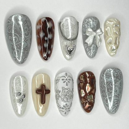 Silver Lace Press On Nails with Heart Charm and Bow Details