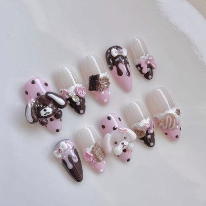 Cute Pink and Brown 3D Press-On Nails with Puppy and Sweet Charms