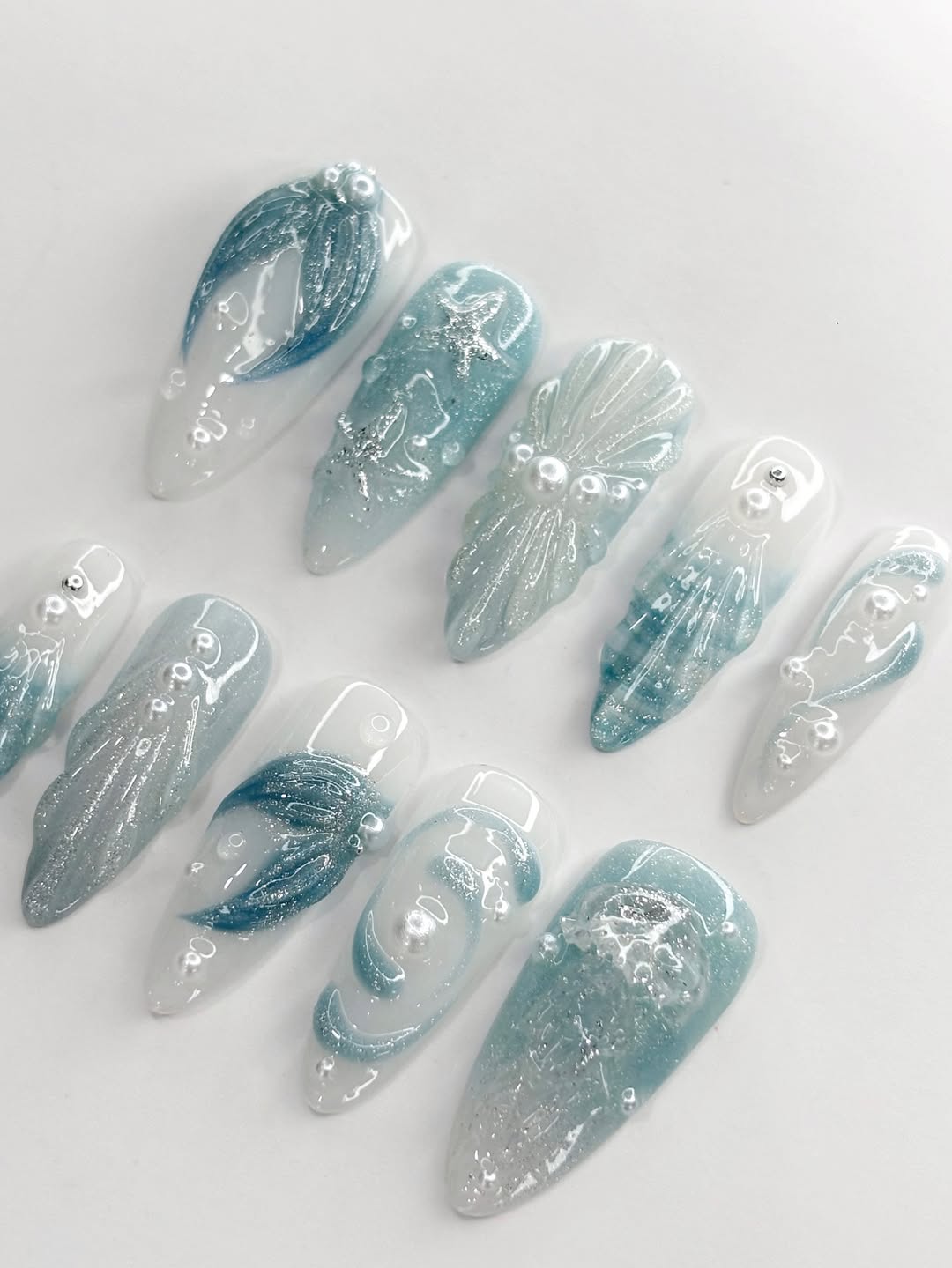 Mermaid Ocean Shell Press On Nails Handmade Art Set