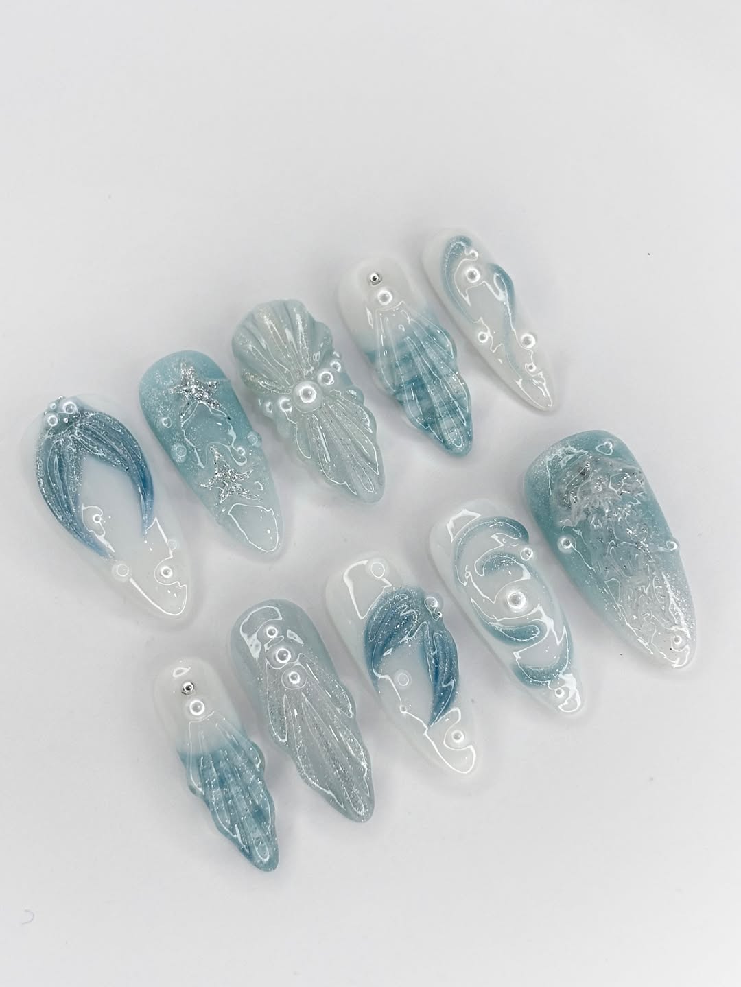 Mermaid Ocean Shell Press On Nails Handmade Art Set