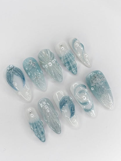 Mermaid Ocean Shell Press On Nails Handmade Art Set