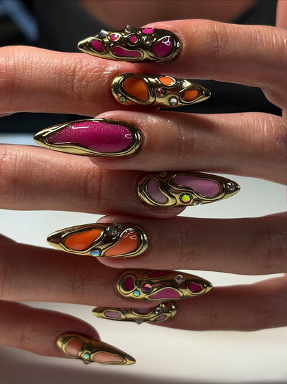 Molten Metal Abstract Press On Nails with Gold Frame, Neon Pink & Orange Glow
