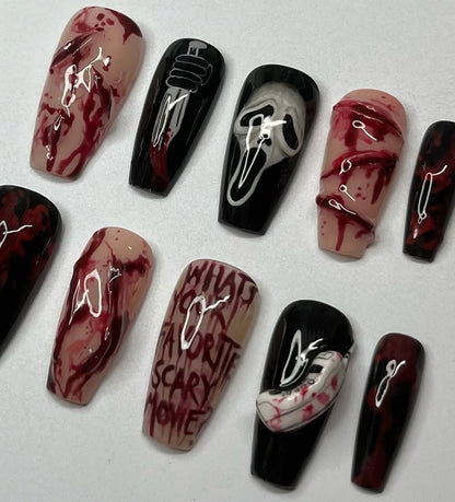 Ghostface Horror Press-On Nails with Blood Splatter and Movie Quote