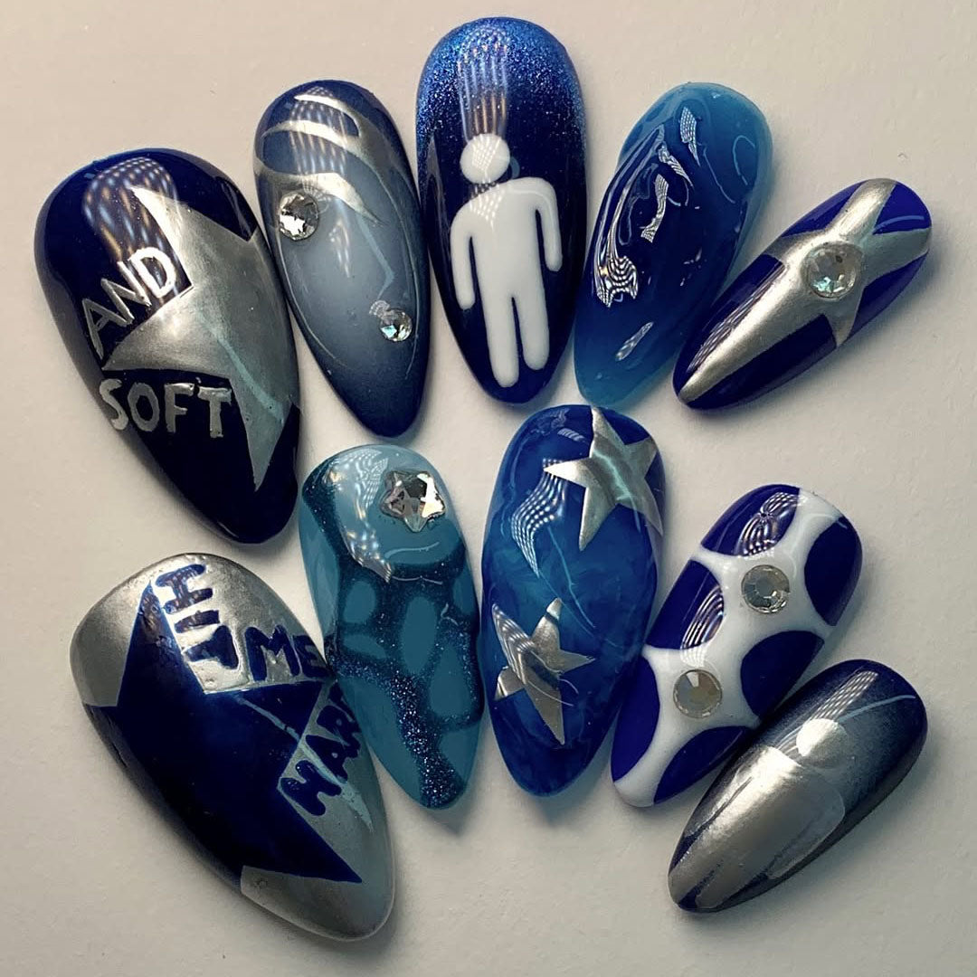 Blue Chrome Alien Press On Nails with Star Accents