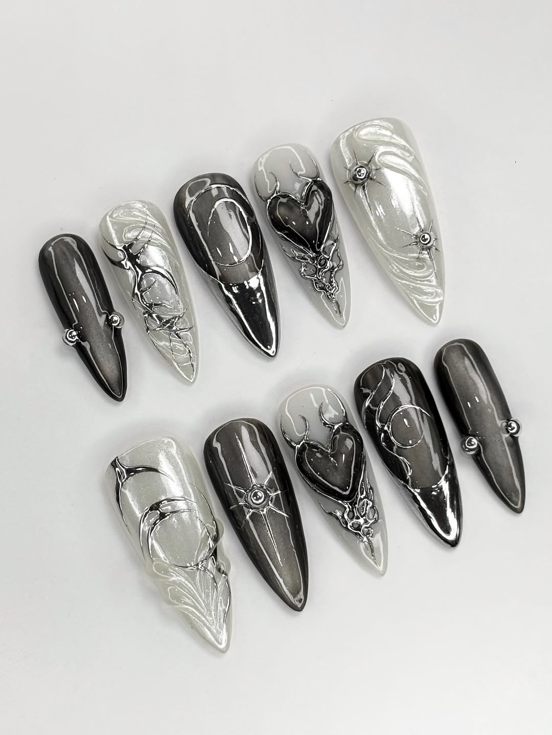 Gothic Chrome 3D Press-On Nails with Celestial & Heart Designs