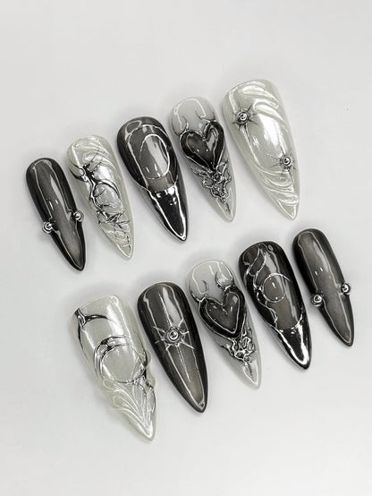 Gothic Chrome 3D Press-On Nails with Celestial & Heart Designs