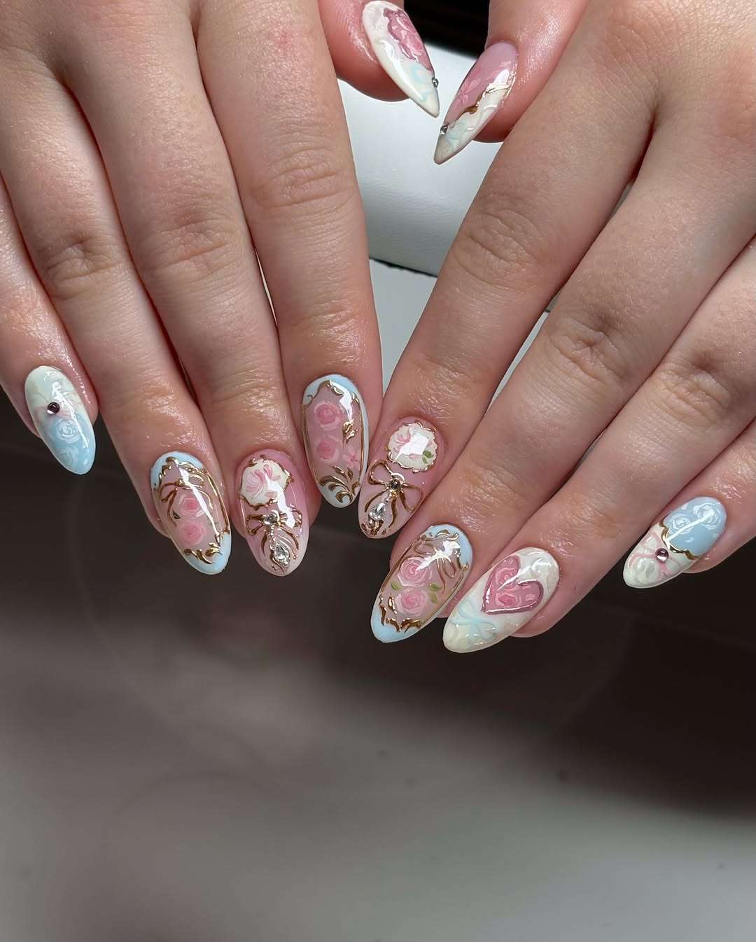 Pastel Rococo Rose Press On Nails with 3D Bow Detail