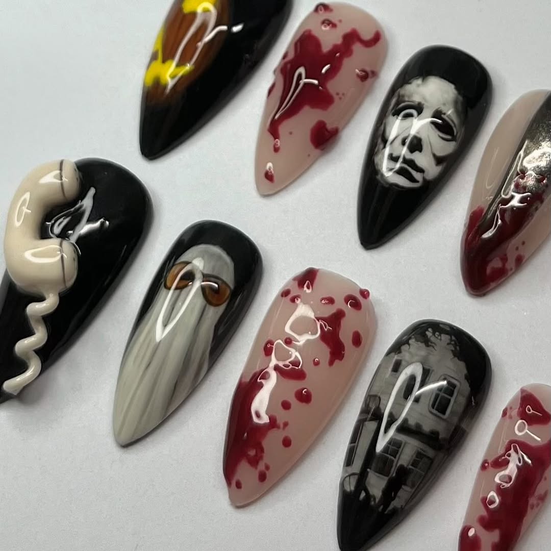 Michael Myers Halloween Press-On Nails with Blood Splatter and 3D Details