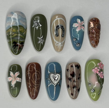 Forest Deer Press On Nails with Floral and Nature Inspired Art