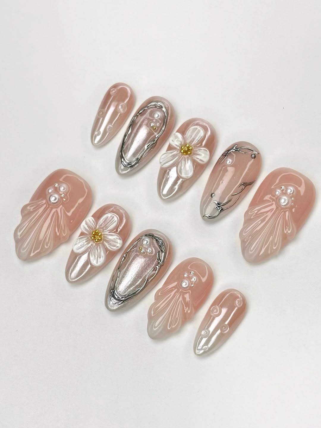 Blush Pearl Floral Almond Press On Nails Set