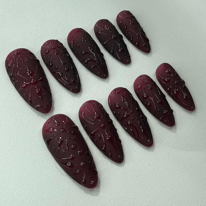 Handmade Burgundy Embossed 3D Floral Gothic Elegant Nails