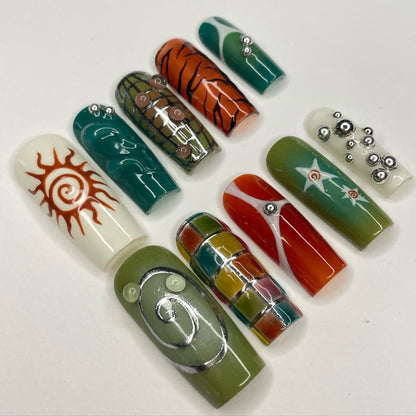 Boho Tribal Earthy Press On Nails with Retro Spirals, Plaid & Chrome Bead Accents