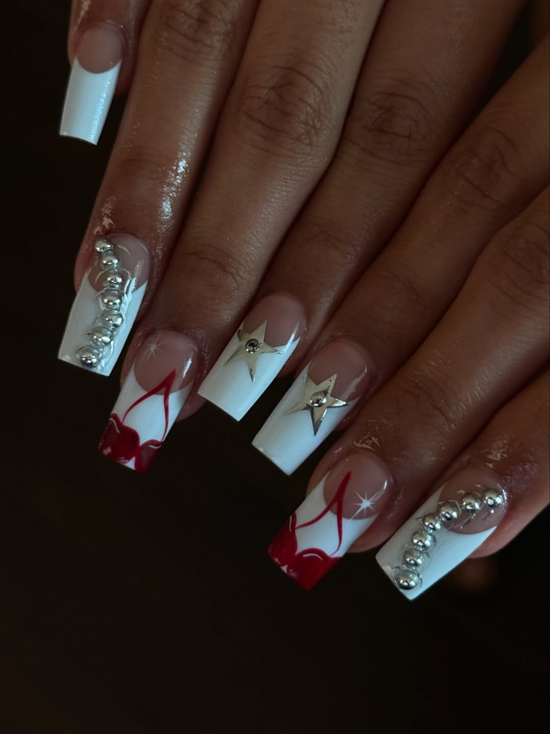 Luxury White and Red 3D Press-On Nails with Star and Heart Accents