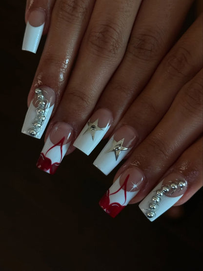 Luxury White and Red 3D Press-On Nails with Star and Heart Accents