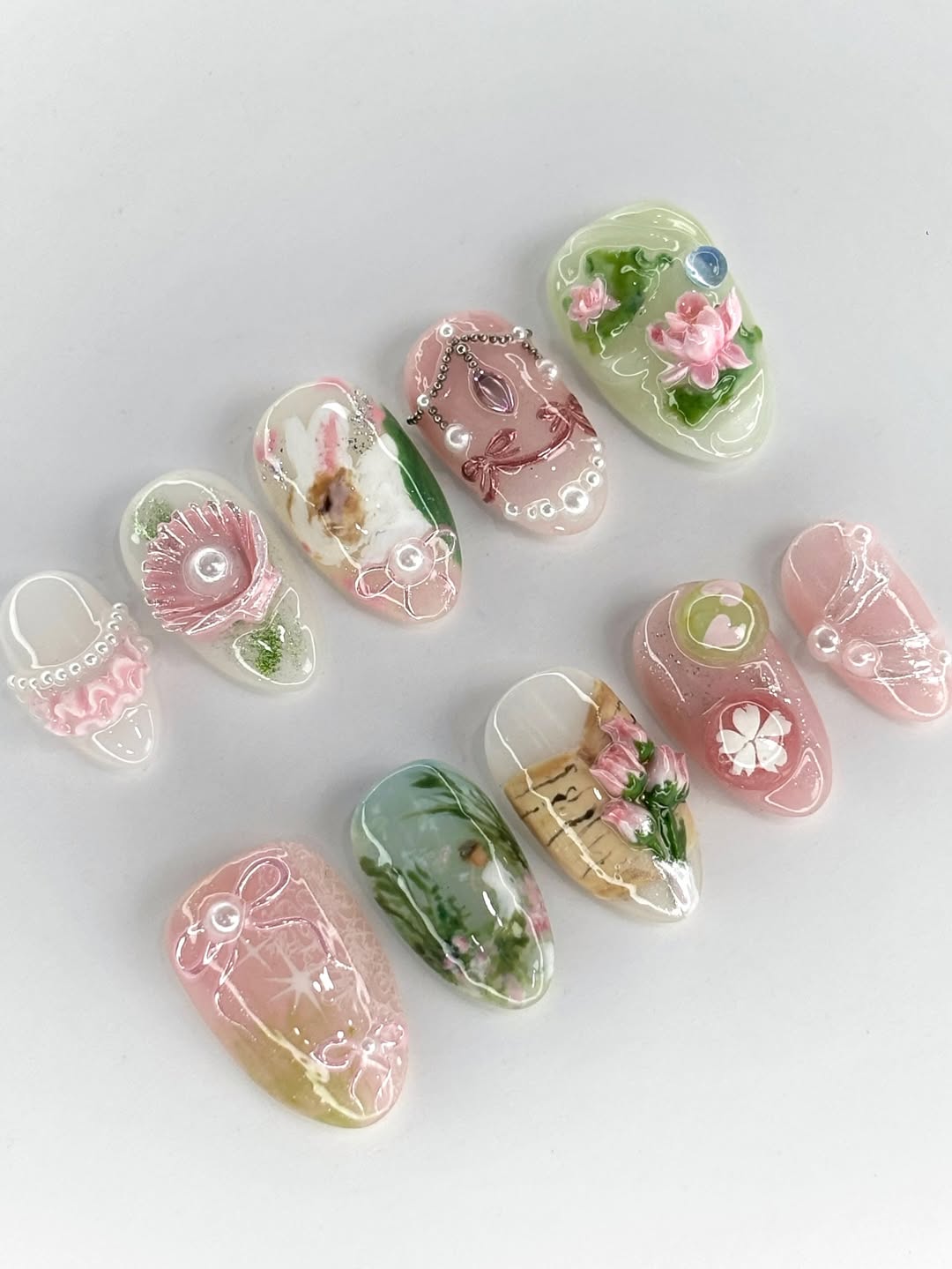 Luxury Handmade 3D Press On Nails with Floral and Pearl Accents