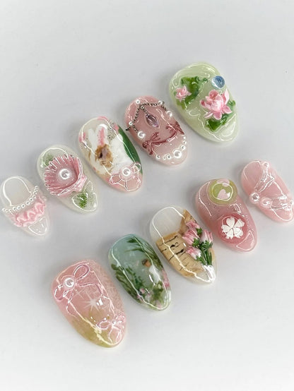Luxury Handmade 3D Press On Nails with Floral and Pearl Accents