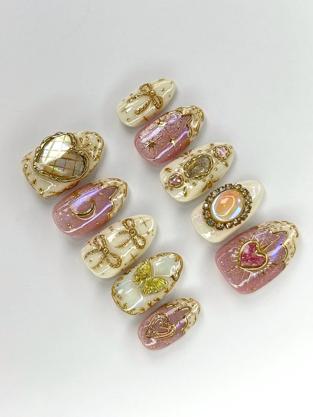 Handpainted Pink Gold Press On Nails with Heart, Moon, and Butterfly 3D Accents