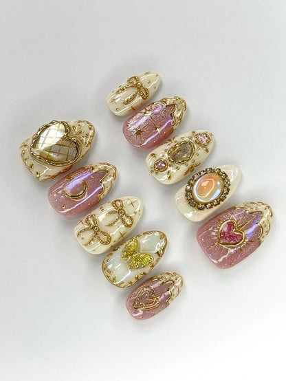 Handpainted Pink Gold Press On Nails with Heart, Moon, and Butterfly 3D Accents
