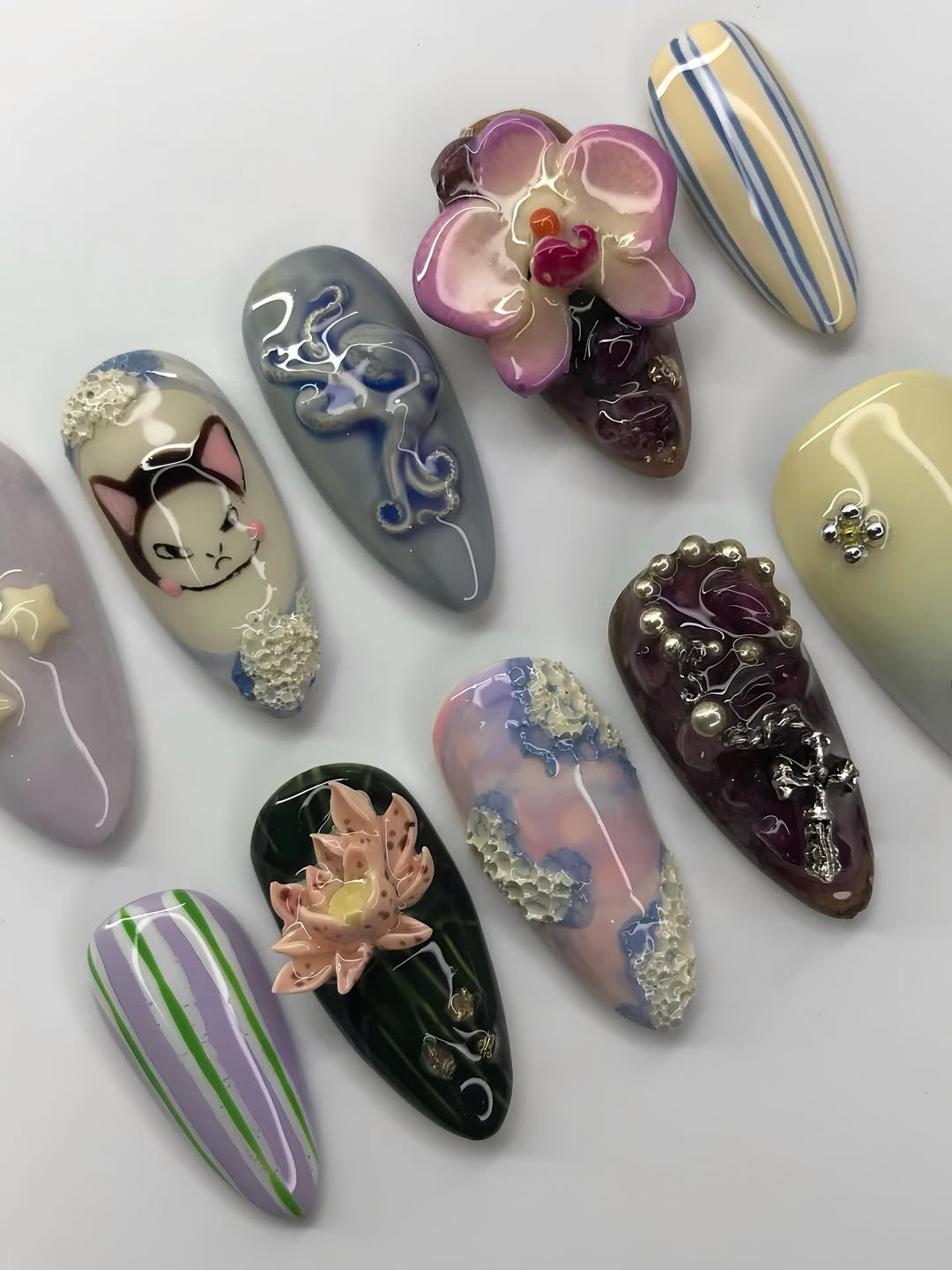 Luxury Pastel Multi-Color 3D Press-On Nails with Floral and Whimsical Accents