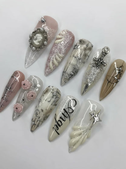 Gothic Angel Lace and Pearl Press On Nails with Sword and Cameo Details