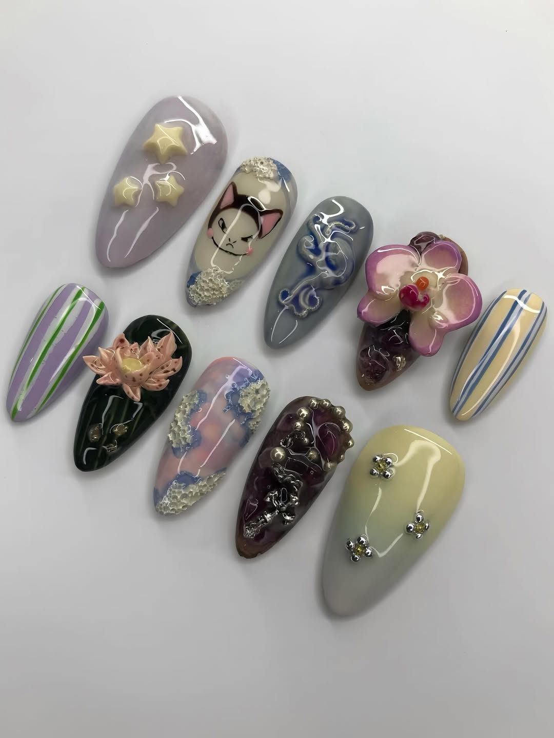Luxury Pastel Multi-Color 3D Press-On Nails with Floral and Whimsical Accents