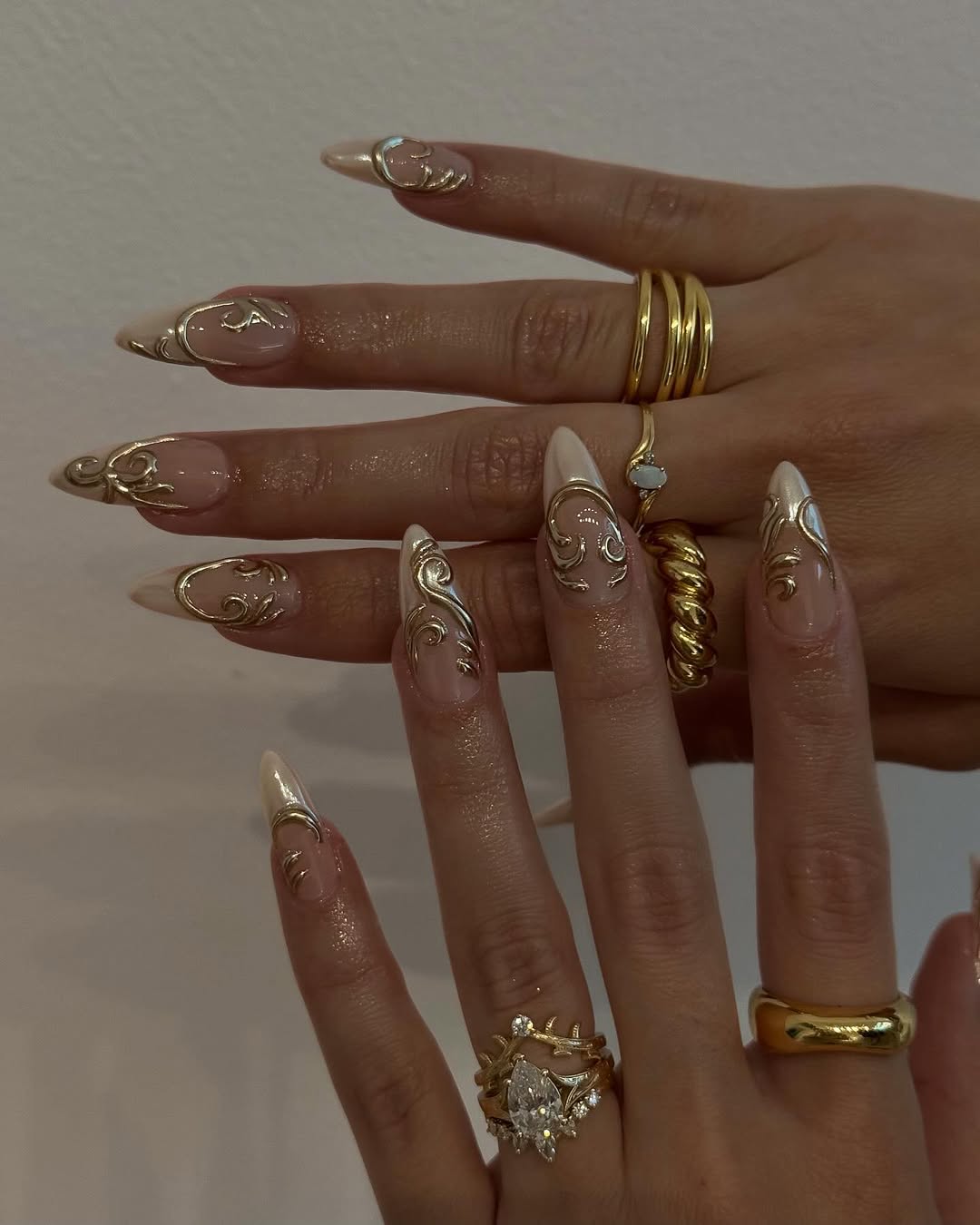 Elegant Nude Almond Press On Nails with Gold 3D Swirl Design