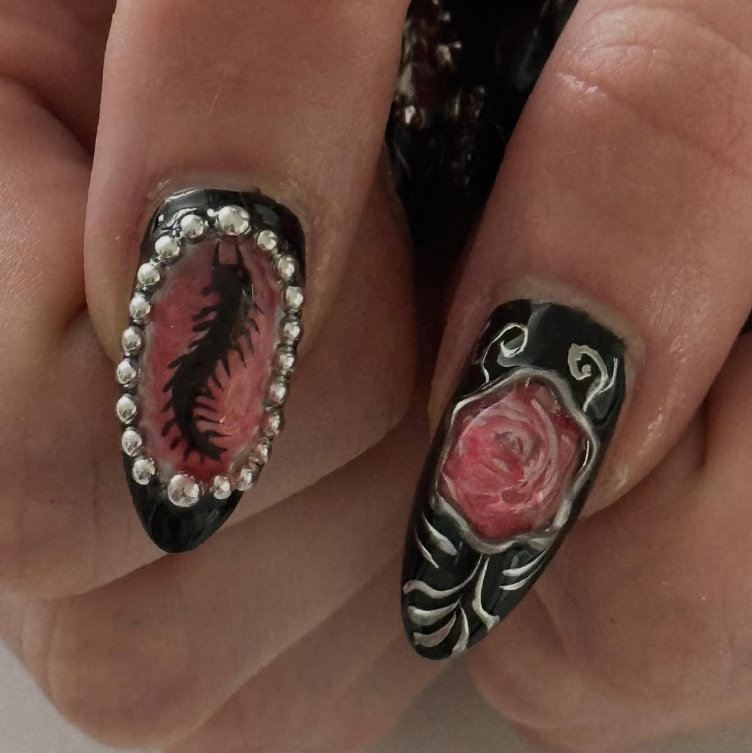 Gothic Punk Silver Black Baroque 3D Press On Nail Set