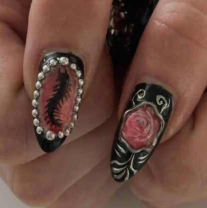 Gothic Punk Silver Black Baroque 3D Press On Nail Set