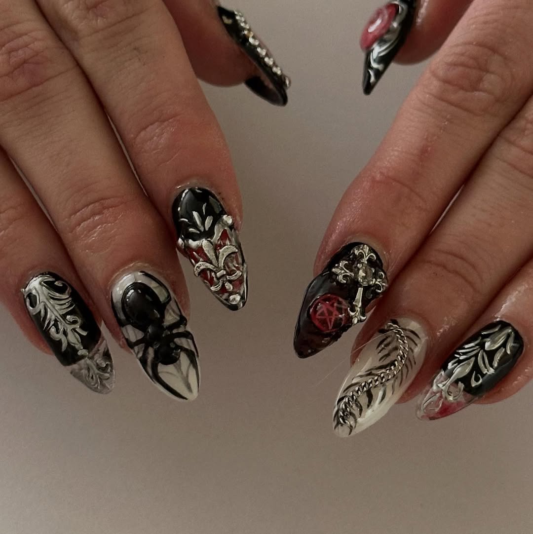 Gothic Punk Silver Black Baroque 3D Press On Nail Set
