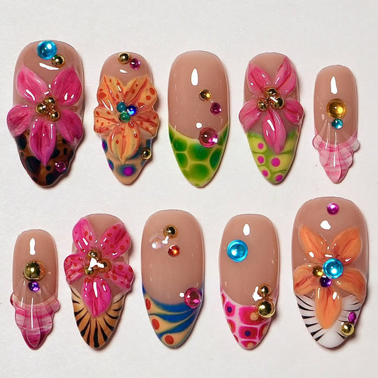 Tropical Orchid 3D Floral Press On Nails