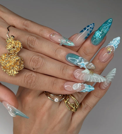 Ocean Fantasy Press On Nails with 3D Shell & Starfish Design