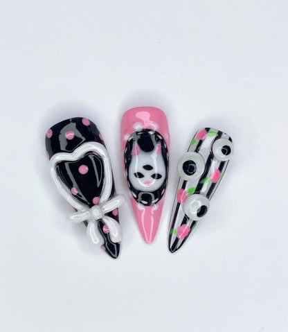 Creepy Cute Bunny Cat Eyes Spikes Pink Handmade Nails