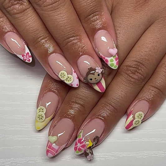 Tropical Monkey Banana Press On Nails Summer Vacation Set
