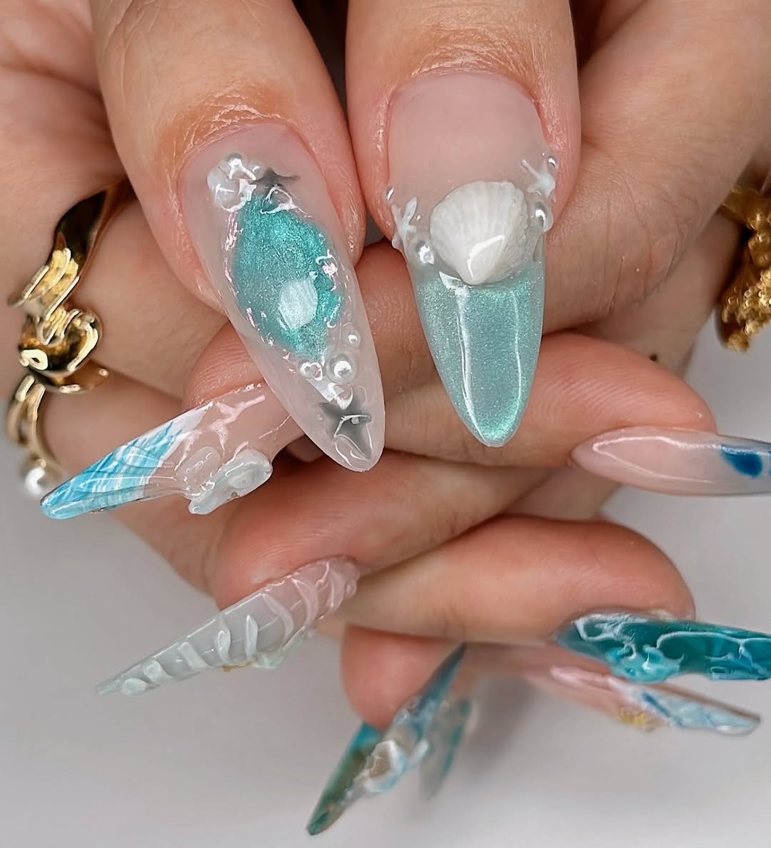 Ocean Fantasy Press On Nails with 3D Shell & Starfish Design