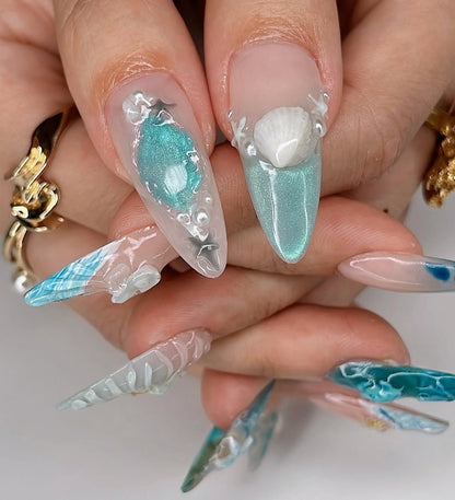 Ocean Fantasy Press On Nails with 3D Shell & Starfish Design
