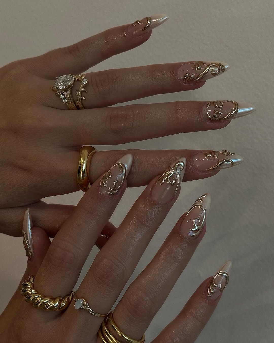 Elegant Nude Almond Press On Nails with Gold 3D Swirl Design