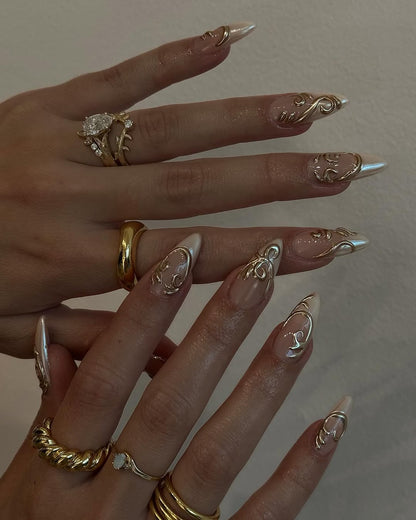 Elegant Nude Almond Press On Nails with Gold 3D Swirl Design