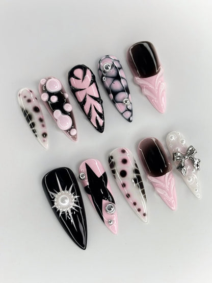Handpainted Pink Black White Press On Nails with Star, Bow, and Bubble 3D Accents