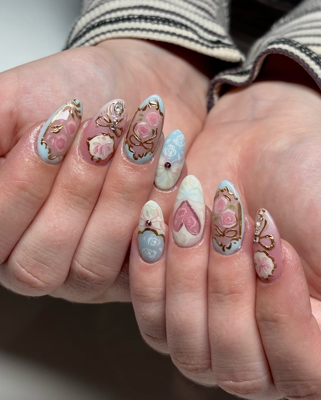 Pastel Rococo Rose Press On Nails with 3D Bow Detail