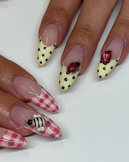 Adorable 3D Bug Fruit Plaid Press On Nail Set