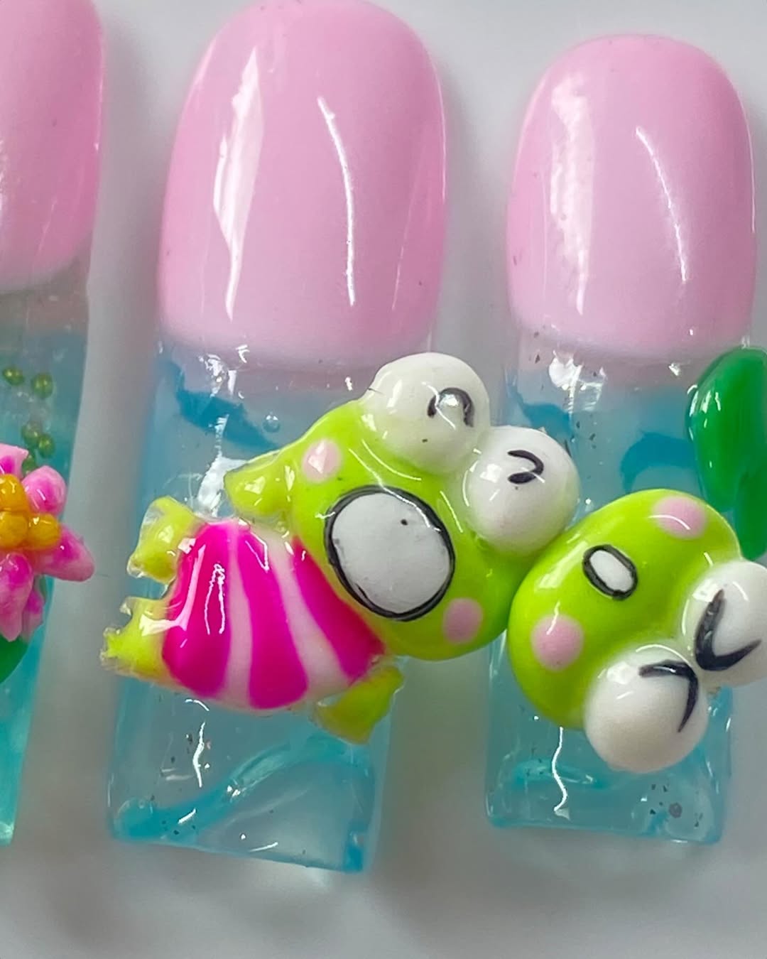 Keroppi Pond Party Press On Nails with 3D Frog Design