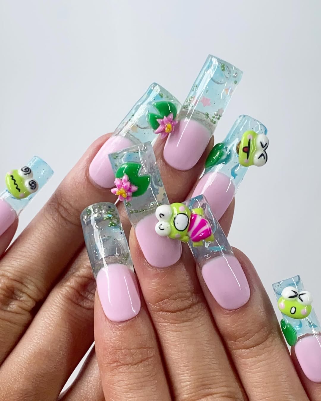 Keroppi Pond Party Press On Nails with 3D Frog Design