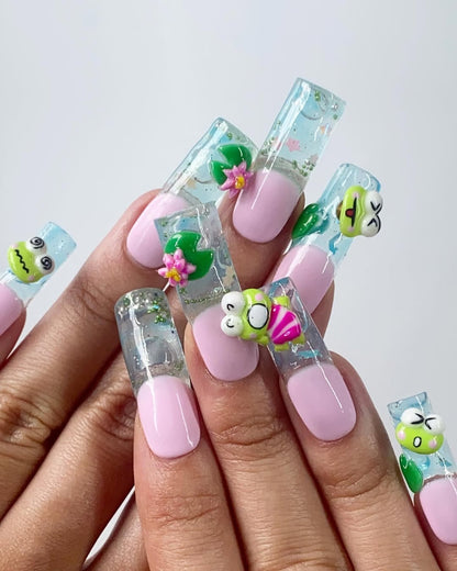 Keroppi Pond Party Press On Nails with 3D Frog Design